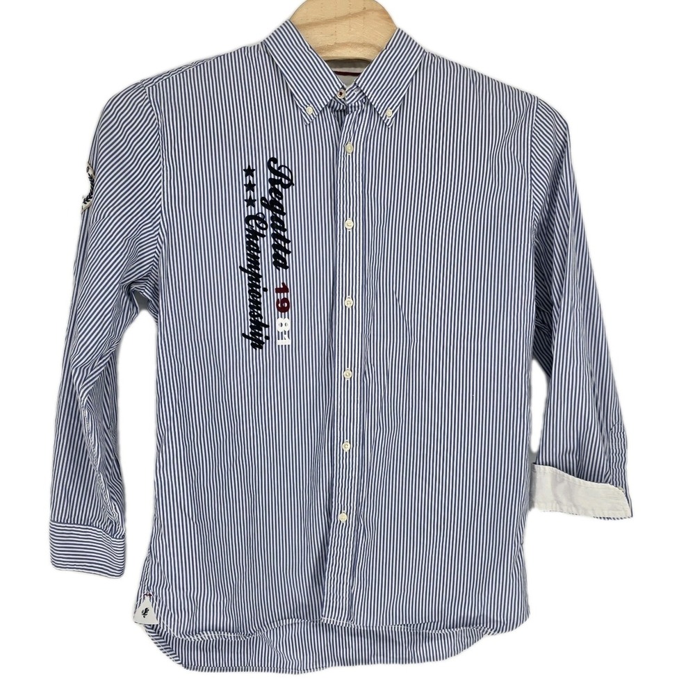 Y2K Stafford Prep Men XL ButtonUp Shirt Blue Striped Sailing Collegiate Flip Cuf - Picture 3 of 13